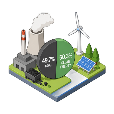 China's coal share of electricity falls below half