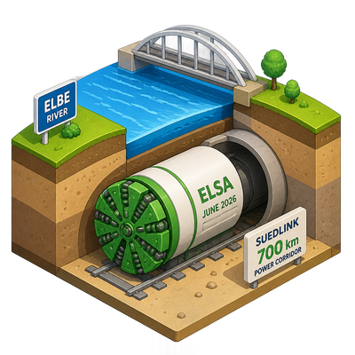 SuedLink's Elbe tunnel is done; 700-km power corridor nears 2028 commissioning