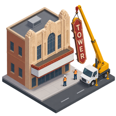 Tower Theatre sign removed in first step of 1928 facade restoration