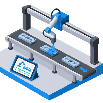 Hirebotics cobots add line tracking and linear rails to reach moving and oversized parts