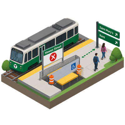 MBTA Green Line C Branch bypasses Hawes Street for accessibility upgrades