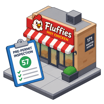 Fluffies Hot Chicken scores 57 points in pre-permit inspection at 171 Madison Avenue