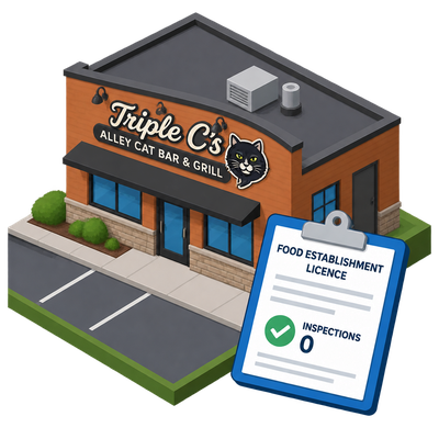 Food licence record appears for Triple C's Alley Cat Bar & Grill