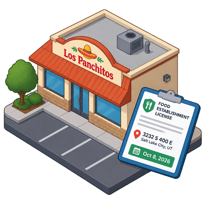 Los Panchitos food licence record appears for 3232 S 400 E in Salt Lake City