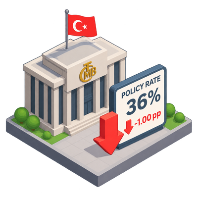 Turkey's central bank cuts policy rate to 36%, first cut in nine months